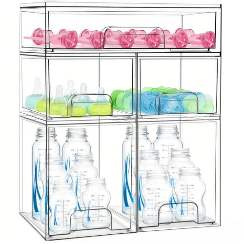 Baby Bottle Organizer 5 Pack Baby Bottle Storage Organizer Clear Bottles Station Acrylic Stackable Container Drawers Bins for Pacifiers,Nipples,Pump Parts for Countertop,Cabinet,Bathroom,Vanity