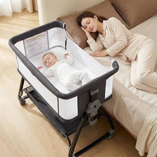 PlayPals 3-in-1 Baby Cot with Mattress, Baby Bassinet with 6 Height Adjustable, Storage Basket, Mosquito Net & Lockable Wheels, Baby Bassinet Bedside Sleeper Suitable for Babies 0-18 Months Old, Black