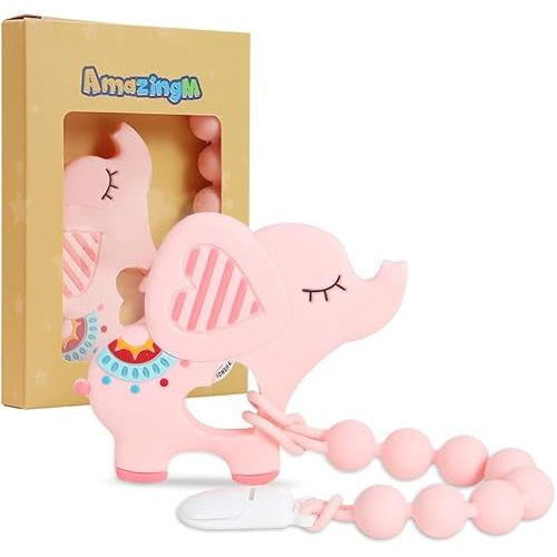 Baby Food Grade Silicone Teether Toy with One Piece Design Pacifier Clip Holder,Teething Pain Relief Toys Gift Set for 3 Months+ Boys and Girls,Freezer Safe,BPA Free. (Pink Elephant)