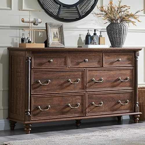 T4TREAM Farmhouse 7 Drawers Dresser Chests for Bedroom w/ 4 Solid Wood Feet & Column Decor, Tall Wide Wood Country Rustic Chest of Drawers, Storage Dressers for Bedroom, Living Room,Reclaimed Barnwood