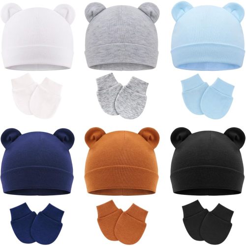 BQUBO Newborn Baby Hats Mittens Set for Boys Girls Hospital Hat Beanie Bear Ears Infant Caps Baby Cotton Gloves No Scratch Mittens for 0-6 Months