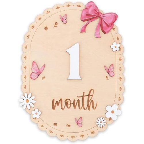 Wooden Baby Monthly Milestone Sign Set with Pink Bow, 1–12 Month Photo Prop, Floral Round Baby Girl Growth Tracker, Nursery Decor Keepsake Gift (m-Capsule)