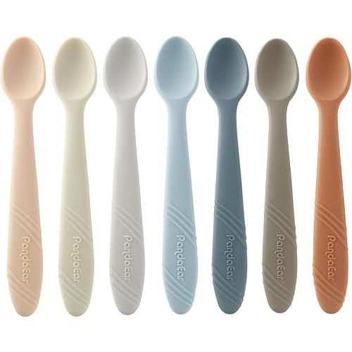 PandaEar 7 Pack Silicone Baby Feeding Spoons, First Stage Training Spoon Infant Utensils Feeding Supplies, BPA Free Gum-Friendly Soft Tip Baby Led Weaning Spoon