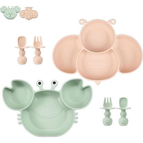 PandaEar 2 Pack Silicone Suction Plates for Toddlers Baby with 4 Spoons Self Feeding, Divided Unbreakable Toddler Plates with Suction, Baby Plates and Utensils Set, Baby Dishes, Green Crab & Pink Bee