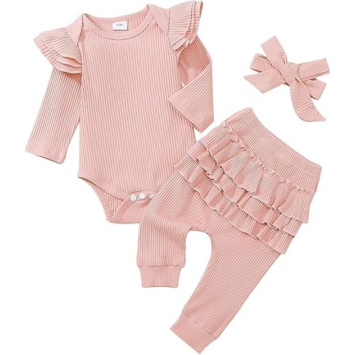 Baby Girl Clothes Newborn Romper Long Sleeve Infant Outfits 3Pcs Ruffle Tops + Pants + Headband