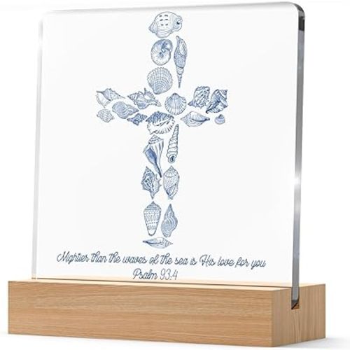 Inspirational Christian Seashell Cross Decor Mightier Than The Waves of The Sea Psalm 93:4 Gifts for Nursery Teen Room Bible Verse, Summer Beach Christian Bible Verse Art Decor for Beach House