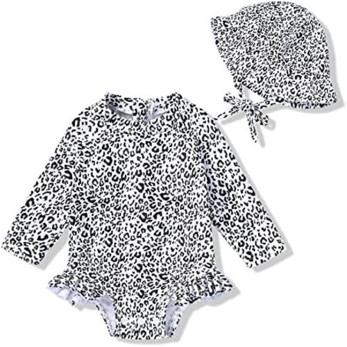 Infant Baby Girl Swimsuit One-Piece Long Sleeve Rash Guard with Hat Set Floral Zipper Bathing Suit Leopard Beach Wear