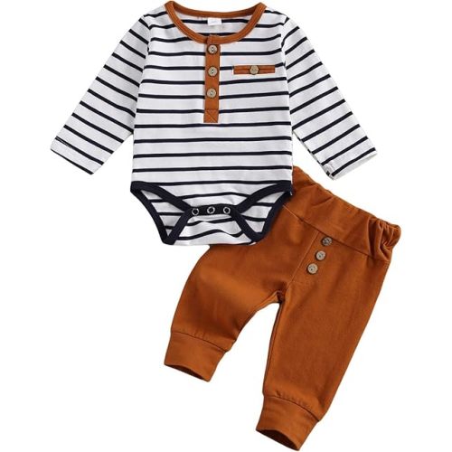2Pcs/Set Newborn Baby Boys Outfit Long Sleeve Striped Bodysuit Romper Solid Pants Fall Winter Clothes