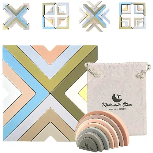 Silicone Rainbow Stacker 2 for 1 Set | 13 Layer Montessori Learning Nesting Color Puzzle Blocks | 7 Layer Stacking Rainbow Sensory Toy with Storage Bag Baby Toddler Kids (Earthy Sky)