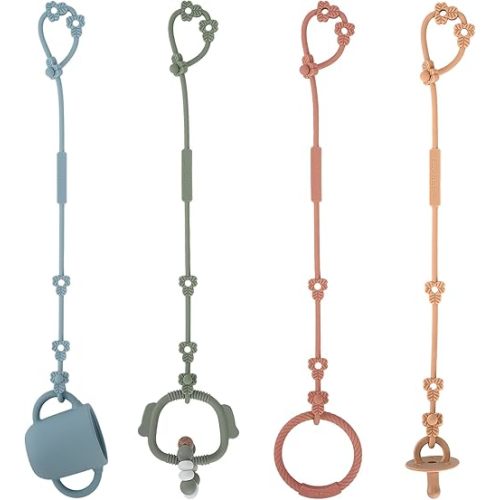 Toy Safety Straps, Silicone Pacifier Clips, Adjustable Stretchable Sippy Cup Straps for Strollers, High Chair, Cribs, Hanging Baskets, Car Seat, Shopping Trolley, 4 Pack, (Ether+Sage+Muted+Apricot)