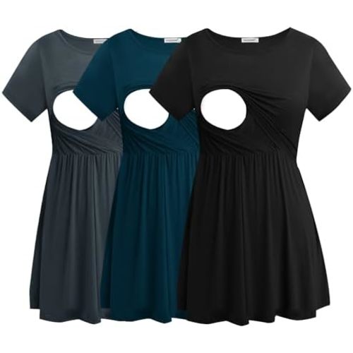 Smallshow Women's Maternity Nursing Tops 3 Pack Short Sleeve Breastfeeding Shirt