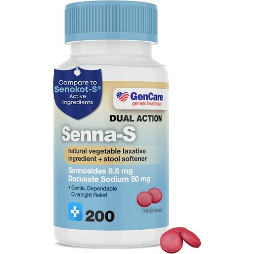 GenCare - Senna-S Natural Vegetable Laxative Plus Stool Softener Dual Action (200 Tablets) Value Pack | Gentle Dependable Overnight Relief of Occasional Constipation Generic for Senokot-S