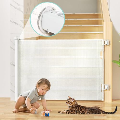 No Drilling Retractable Baby Gates for Stairs with Auto-Lock, 33" x 55" Mesh Baby Dog Pet Cat Gate with Double Locking for Doorways, Durable Child Safety Gate for Hallways Kitchen Indoor Outdoor White