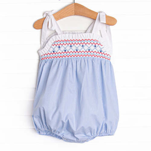 Stars and Stripes Smocked Bubble, Blue – Stitchy Fish