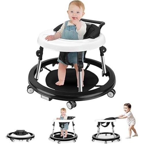 XZV Baby Walker 10 Adjustable Heights Foldable Safety Walkers for Boys Girls Babies 6-18 Months Portable Activity Center Anti-Roll with Wheels and Large Dinner Plate, Black
