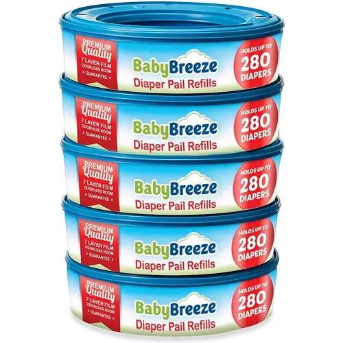 BabyBreeze Diaper Pail Refill Bags Compatible with Playtex Diaper Genie Pails Odor Absorbing Diaper Disposal Trash Bags - 1400 Count (5-Pack)