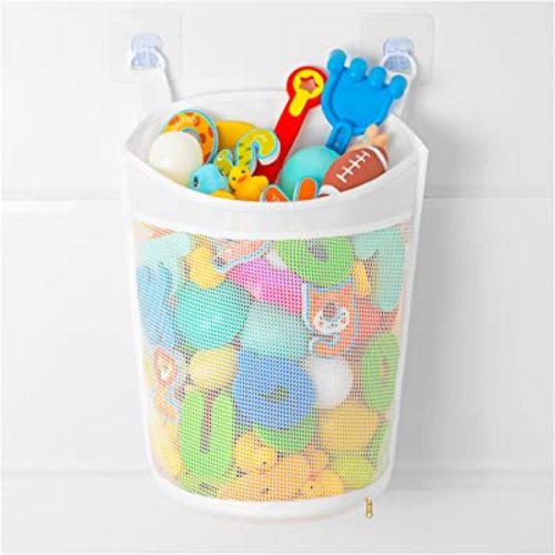 Large Capacity Baby Mesh Bath Toy Organizer, Multiple Ways to Hang, Extra Large Opening Bathroom Toy Storage, Bottom Zipper Bathtub Toy Storage Bag, Baby Shower Games bath Tub Accessory (White)