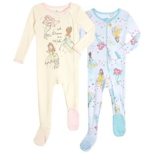 Disney Princess Baby Girls' Printed 2-Pack Zip-Up One-Piece Footed Sleepers Princess Teal Pink Newborn
