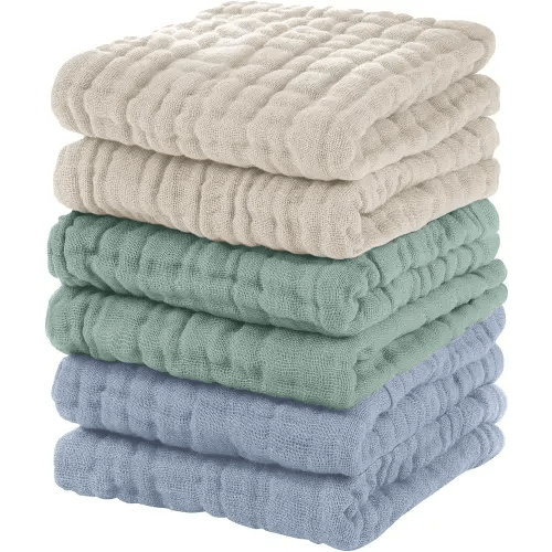 Muslin Baby Washcloths 6 Pack, 100% Cotton Wash Cloths for Babies, Large 12''X12'' Burp Cloths Absorbent and Soft for Newborn Infants Kids Boys Girls - Apricot Green Sapphire Blue