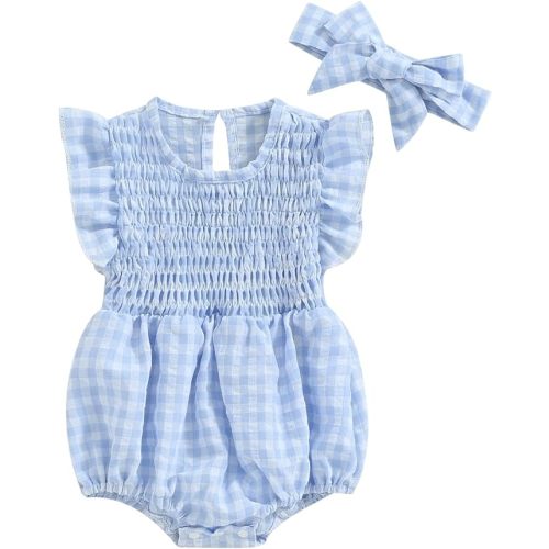 Infant Newborn Baby Girl Summer Outfit One Piece Smocked Romper Ruffle Sleeve Plaid Playsuit Headband 3 6 9 12 18M