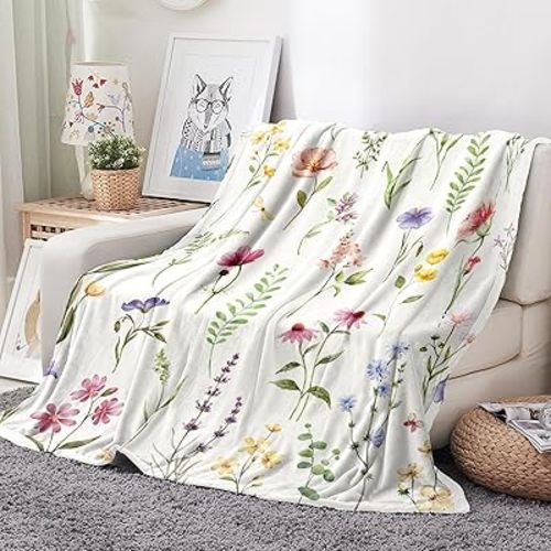 Tupmnbry Wildflowers Throw Blanket Botanical Floral Printed Blanket Super Soft Flannel Throw Blanket Lightweight Fluffy Plush Fuzzy Bed Blanket for Bedding Sofa and Travel 50"X60"