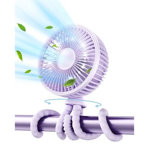 Gaiatop Oscillating Baby Stroller Fan, LED Night Light 4 Speeds Rechargeable 360° Rotate Clip On, Battery Operated Small Portable Cooling Fans for Car Seat Crib Treadmill Travel (Purple)