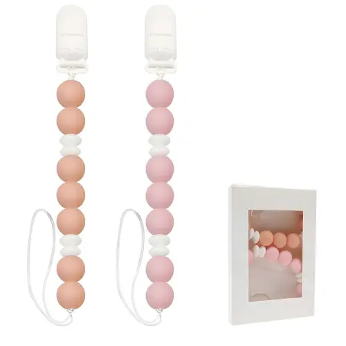 2PCS Baby Silicone Pacifier Clips, Neutral Soother Clips, BPA Free Pacifier Holder for Newborn Baby Boy Girl Gifts (Pink)