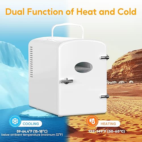 HealSmart Mini Fridge with Observation Window 6L/9 Can Skincare Beverage Small Refrigerator, 100% Freon-Free Compact Cooler and Heater for Bedroom, Office, Dorm, Car, White