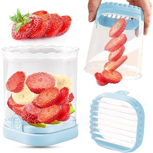Fruit Slicer Cup | Strawberry Slicer | Banana Slicer | Grape Cutter | Egg Slicers | Detachable Fruit Cutter Slicer with Push Plate | Creative Strawberry Slicer Kitchen Gadget (Light Blue)