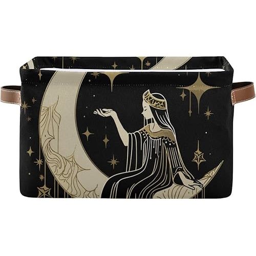 Storage Basket Girl on The Moon and Star Durable Canvas Collapsible Box Organizer Bin with Handles for Shelf Closet Bedroom Home Office