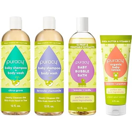 Puracy Baby Care Essentials Bundle with 12oz Natural Baby Bubble Bath, 8oz Organic Baby Lotion, 12oz 2pack Baby Shampoo & Body Wash Lavender & Chamomile, and 12oz 2pack Baby Shampoo & Body Wash Citrus
