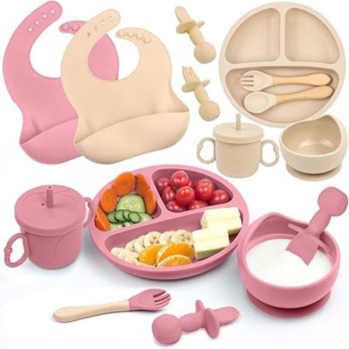 Silicone Baby Feeding Set, 2 Sets Baby Led Weaning Supplies, Includes Baby Suction Bowls and Plates, Silicone Baby Bibs, Silicone Baby Cup, Silicone Baby Spoons and Forks (Beige & Red)