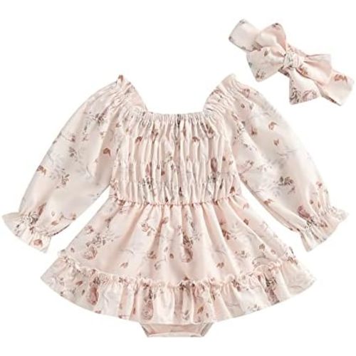 2pcs Infant Baby Girls Romper Dress Headband Long Sleeve Clothing Flowers Newborn Boho Girl Outfit Jumpsuit Clothes