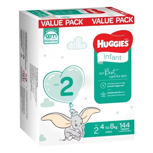Huggies Nappies Mega Infant Size2 - 144 Pack | Disposable | Baby Bunting AU