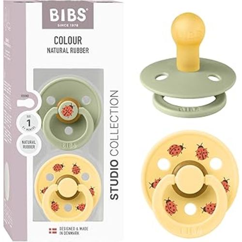 BIBS Colour Studio Soother 2-Pack, BPA Free Dummy Pacifier, Round Nipple. Natural Rubber Latex, Made in Denmark, Size 1 (0-6 Months), Sage/Pale Butter