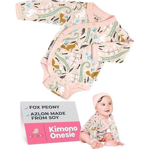 Babysoy Organic Baby Newborn Long Sleeve Pattern Kimono Wrap Around Side Snap Bodysuit/Onesie for Unisex Infants