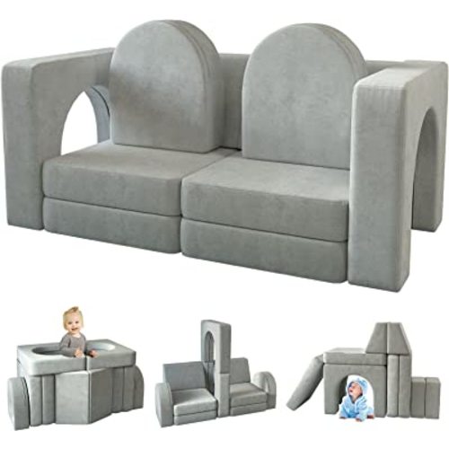 wanan Kids Couch 10PCS, Modular Kids Play Couch for Playroom Bedroom, 10 in 1 Multifunctional Kids Sofa for Playing, Creativing, Sleeping, Indoor Toddler Couch for Boys and Girls(Grey)