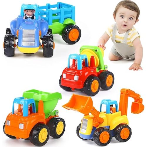 Inertia Toy Early Educational Toddler Baby Toy Friction Powered Cars Push and Go Cars Tractor Bulldozer Dumper Cement Mixer Engineering Vehicles Toys for Children Boys Girls Kids Gift 4PCS