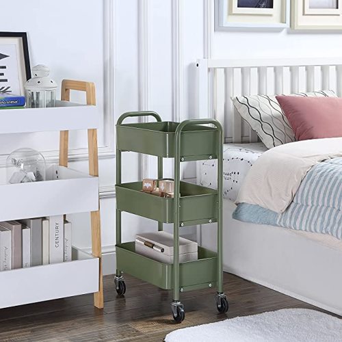 SunnyPoint 3-Tier Delicate Compact Rolling Metal Storage Organizer - Mobile Utility Cart Kitchen/Under Desk Cart with Caster Wheels (Army, Compact (15.5" X 26.8" X 10.27"))