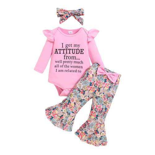 NOLDARES Baby Girls Clothes Ribbed Knit Romper Tops and Print Bell-Bottoms Headband Clothing Sets,Pink,6-9 Months