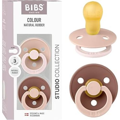 BIBS Colour Studio Pacifier 2-Pack, BPA Free, Round Nipple. Natural Rubber Latex, Made in Denmark, Size 3 (18+ Months) - Blush/Woodchuck