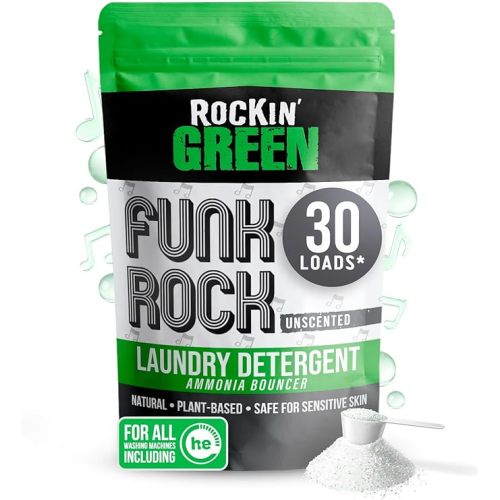 Rockin' Green Laundry Detergent, Plant based, All Natural Laundry Detergent Powder, Vegan and Biodegradable Odor Fighter, Safe for Sensitive Skin (Funk Rock Ammonia Bouncer 30 Loads - Unscented)