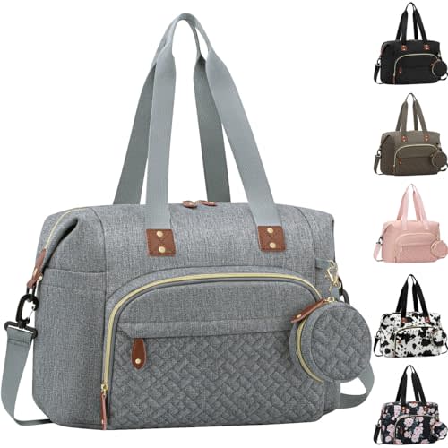 Tenot Diaper Bag Tote, Baby Bag Travel Diaper Tote Bag with Pacifier Case, Cute Maternity Hospital Baby Stylish Diaper Tote for Mom Dad Grey