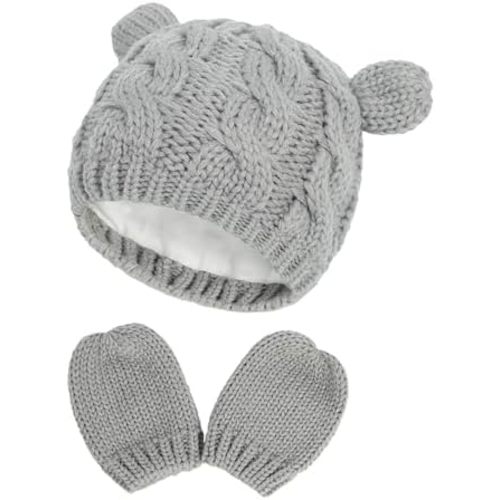 Unisex Baby Hat and Mitten Set Winter Knitted Thick Warm Beanie Cap Gloves 0-3M