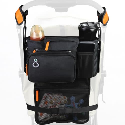 Universal Stroller Organizer with Insulated Cup Holder and Phone Holder, Large Pocket, Fits Most of Stroller Like Baby Jogger, Britax, BOB, Umbrella, Doona (Black)