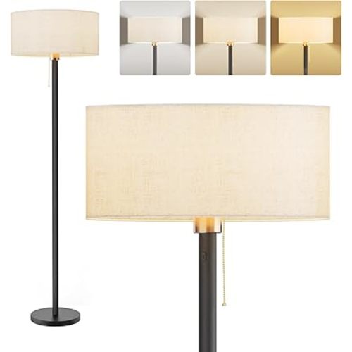 Cordless Rattan Floor Lamp with 3 Color Temperature, Dimmable Rechargeable Farmhouse Lamp with Pull Cord Switch Boho Tall Standing Floor Lamp for Living Room/Bedroom/Home Bulb Included (White)
