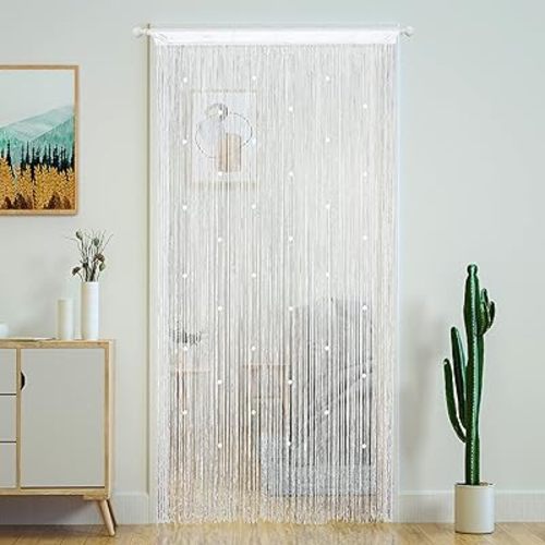 YaoYue Beaded Curtain Door String Curtains for Doorway Tassels Beads Hanging Fringe Hippie Room Divider Window Hallway Entrance Wall Closet Bedroom Privacy Decor (39×79in/100×200cm, White)