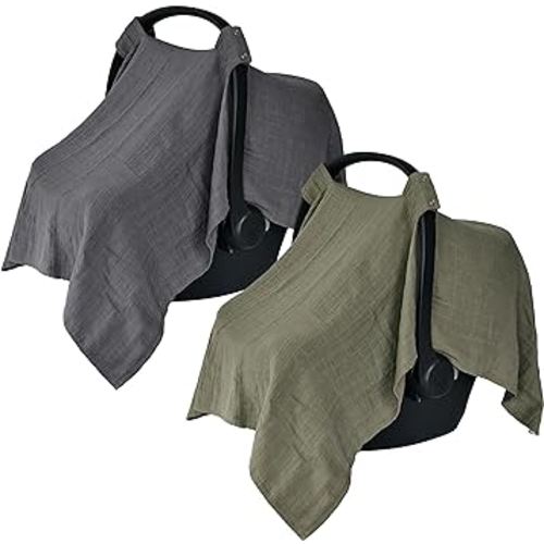 Denmark - Muslin Baby Car Seat Cover for Boys and Girls – 100% Organic Cotton Car Seat Canopy with Perfect Fit for Baby Carrier - 43 x 31-2-Pack (Sage Green/Soft Grey)