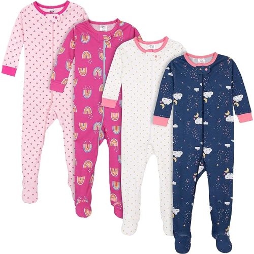 Gerber Baby-Girls 4-Pack Footed Pajamas - Dreams Rainbows Pink