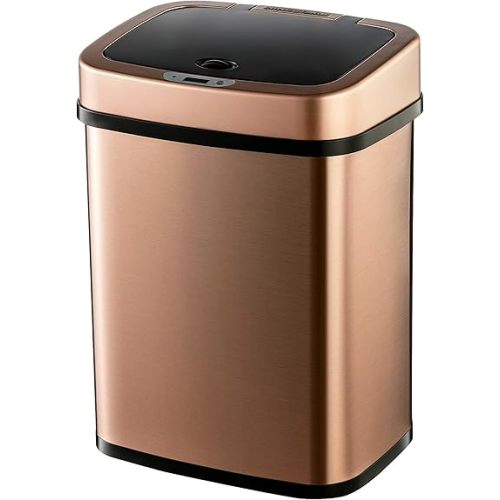 Ninestars Bedroom or Bathroom Automatic Touchless Infrared Motion Sensor Trash Can, 3 Gal 12L, Stainless Steel Base (Rectangular, Rose Gold/Black Lid)